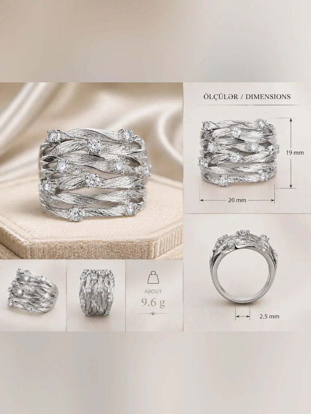 Textured Silver Multi-Row Crystal Ring